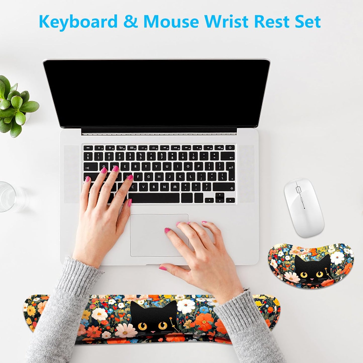 Dapesuom Enlarge Keyboard Wrist Rest, Memory Foam Wrist Cushion for Desk Mat Support, Cute Pain Relief Keyboard Mouse Pad Rests Set with Non-Slip Base for Gaming Laptop Office Computer, Elegant Flower