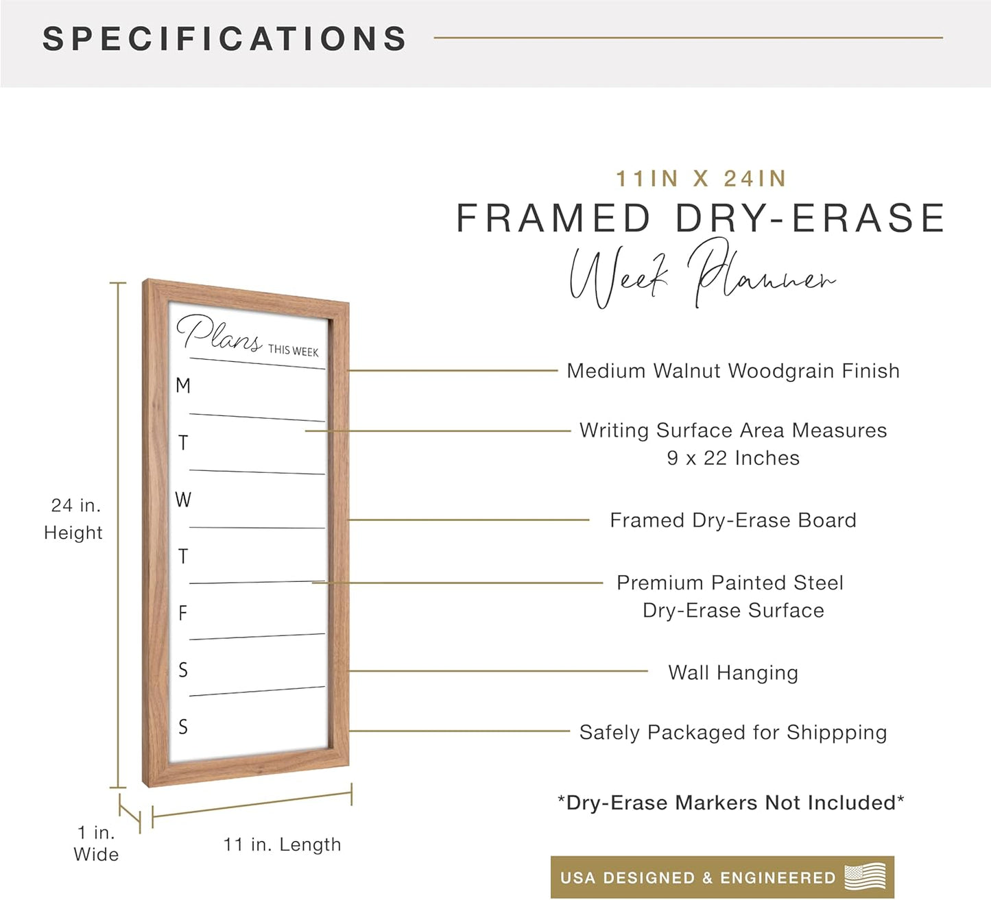MCS Dry Erase Weekly Planner 11x24 Walnut Framed Calander Whiteboard for Wall, Plan Your Week with Family Weekly Planner for Dinners, Sports, Events & More