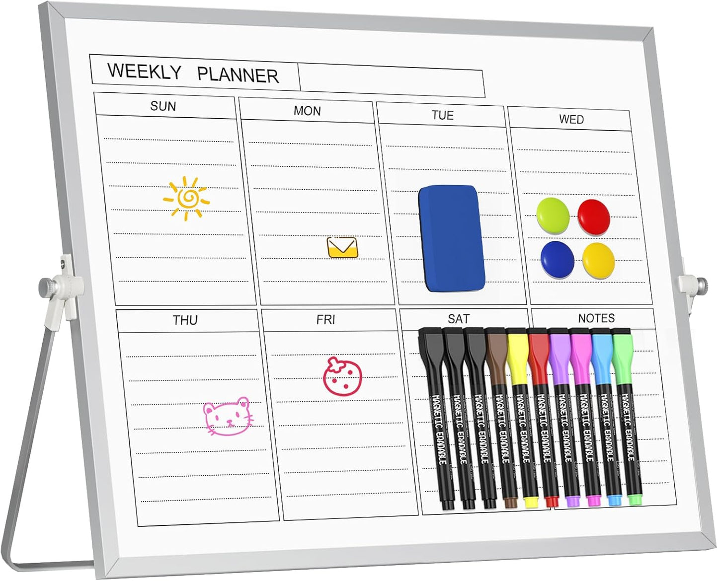 Magnetic Dry Erase White Board with Stand, 12'' x 16'' Desktop Weekly Schedule Board, 10 Markers, 4 Magnets, 1 Eraser, Double-Sided White Board Easel for Drawing School to Do List