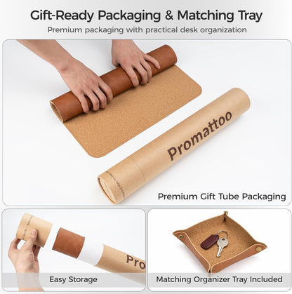 Premium Faux Leather Desk Mat & Tray Set，Innovative Cork-Look Printed Base，Gift Tube Packaging，Full-Desk Coverage，Non-Slip Desk Pad for Office Home（Olive Green）