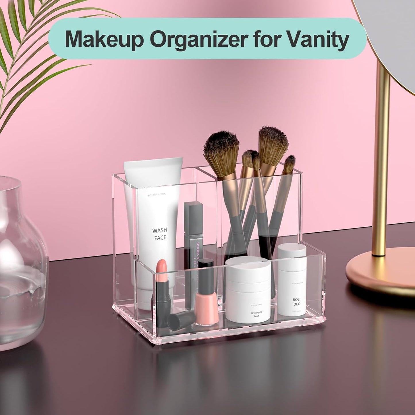 Clear Pen Holder for Desk, Small Acrylic Pencil Holder, Compact Makeup Brush Holder Organizer for Vanity, Pen Pencil Organizer Cup, Office Desk Organizer and Accessories, 3 Compartment Design