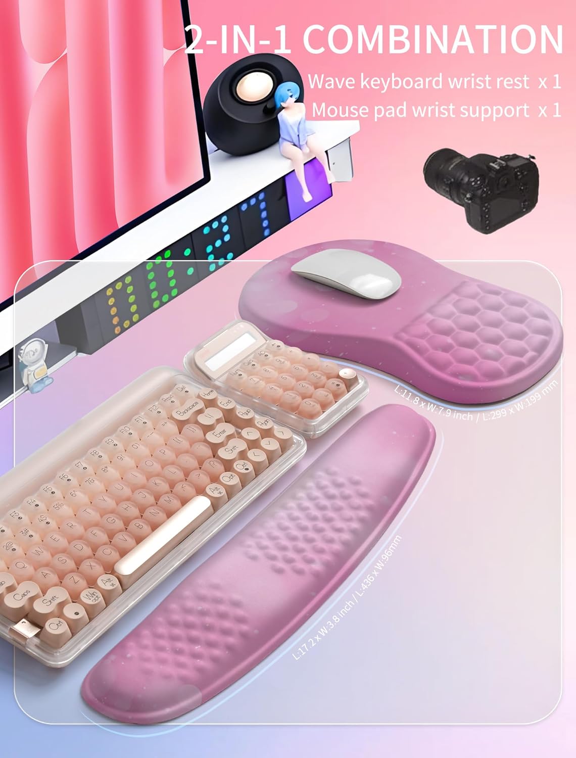 Hokafenle 2in1 Combination, Wave Keyboard Wrist Rest and Ergonomic Curvature Mouse Pad Wrist Support for Relieve Wrist Pain, Filled with Soft Cushion Memory Foam, Black