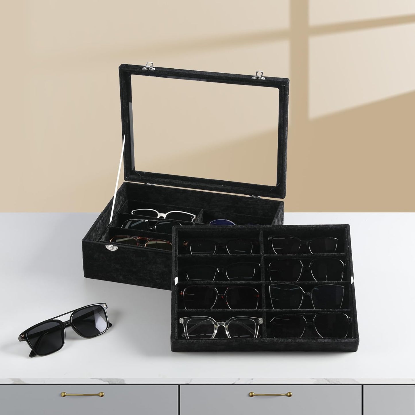 Frebeauty 16 Slots Sunglasses Organizer,2 Layer Velvet Sunglasses Tray with Glass Lid,Multiple Pairs Sunglass Display Case for Man or Woman,13.7 * 10.25 * 4.1 Inches Eyeglass/Eyewear Box (Beige)