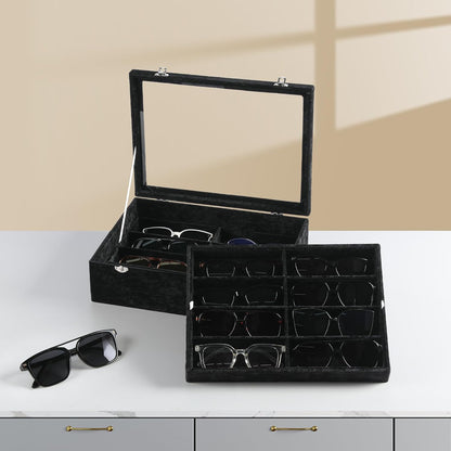 Frebeauty 16 Slots Sunglasses Organizer,2 Layer Velvet Sunglasses Tray with Glass Lid,Multiple Pairs Sunglass Display Case for Man or Woman,13.7 * 10.25 * 4.1 Inches Eyeglass/Eyewear Box (Beige)