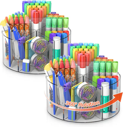 Mefirt Acrylic Pen Holder, 360 Degree Rotating Pen Organizer, Rotating Desk Acrylic Office Organizer with 6 Compartments, Marker Organizer for Kid, Crayon Caddy School Art Supply Storage Organizer