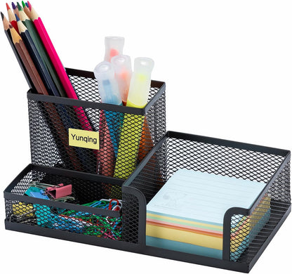 Black Mesh Pen Holder - Multipurpose Mesh Desk Organizers Large Capacity Office Supplies with Sticky Notes Holder and 3 Compartments 4 Non-slip Mats Easy Storage Suitable for School, Home