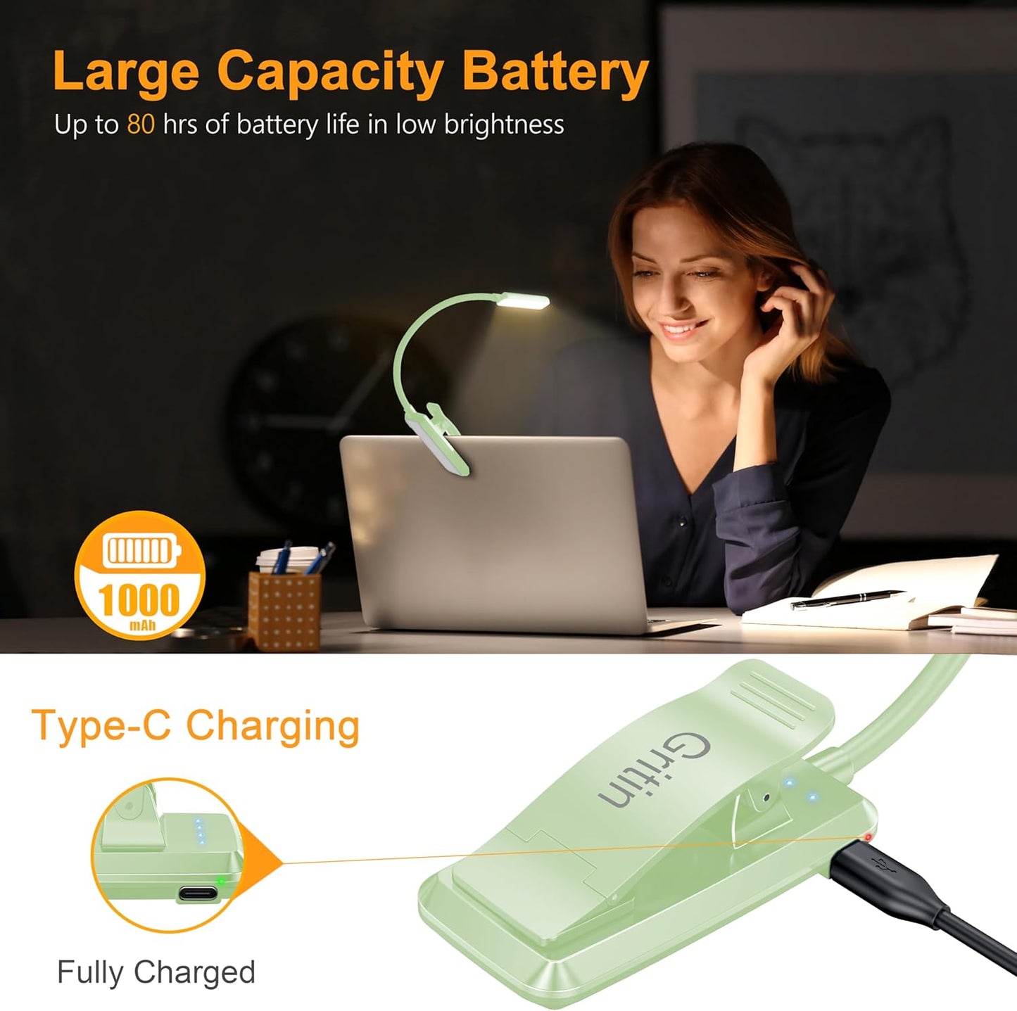 Gritin 9 LED Rechargeable Book Light for Reading in Bed - Eye Caring 3 Color Temperatures,Stepless Dimming Brightness,80 Hrs Runtime Small Lightweight Clip On Book Reading Light for Studying