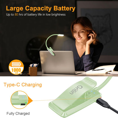 Gritin 9 LED Rechargeable Book Light for Reading in Bed - Eye Caring 3 Color Temperatures,Stepless Dimming Brightness,80 Hrs Runtime Small Lightweight Clip On Book Reading Light for Studying