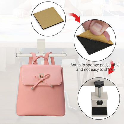 Plus tard Backpack Hanger for Table, Adjustable Clamp-On White Organizer for Office, Classroom, Dorm, Under Table Storage Stand Up Holder with Easy Installation