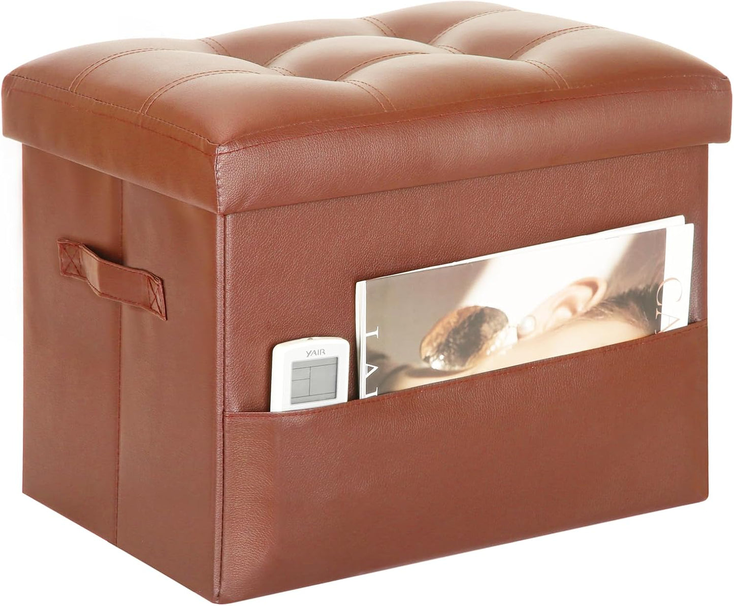 BelugaHelper Storage Ottoman Foot Rest Stool, Foldable Leather Footstool Storage Bench with Thicker Foam Padded Seat. Foot Rest Under Desk for Living Room Bedroom 350 lbs, 17x13x13 in, Brown