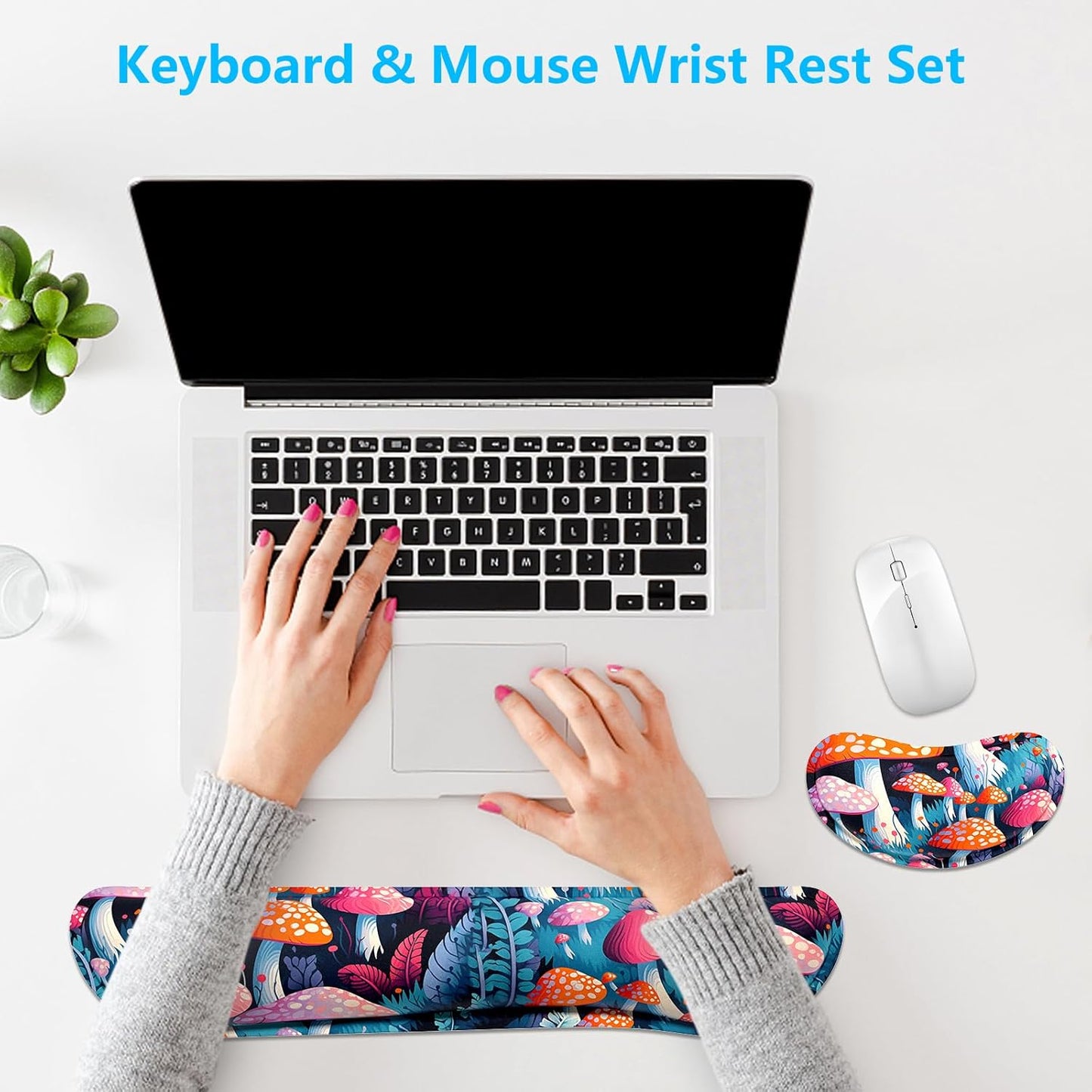 Dapesuom Enlarge Keyboard Wrist Rest, Memory Foam Wrist Cushion for Desk Mat Support, Cute Pain Relief Keyboard Mouse Pad Rests Set with Non-Slip Base for Gaming Laptop Office Computer, Elegant Flower