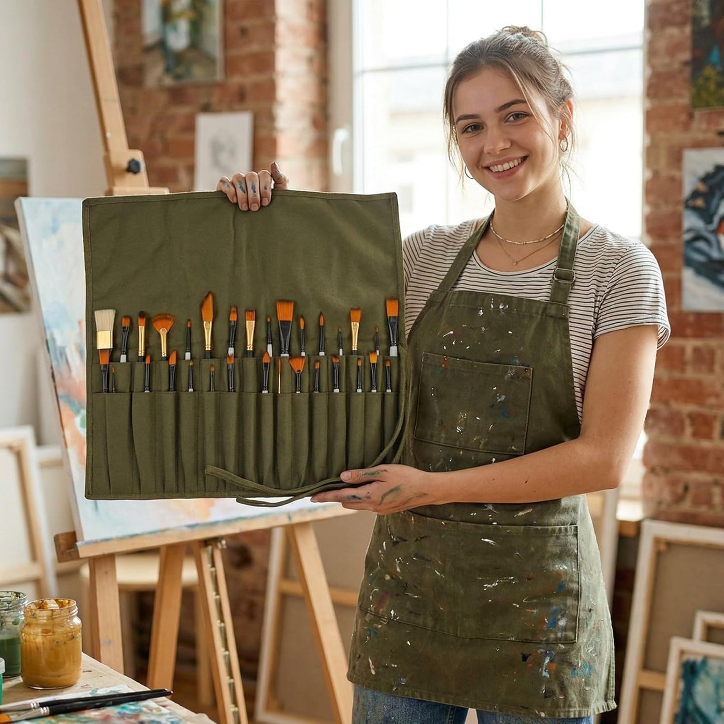 Liquidraw 30 Pocket Canvas Paint Brush Holder - Natural | 21" x 18" | Roll Up Brush Storage Pouch | Ideal Case for Paintbrush & Art Tool Storage | Easy to Carry | Also Great for Storing Makeup Brushes