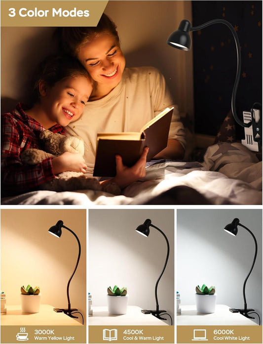 Clip on Lamp USB Reading Light, 3 Color Modes, 10 Brightness Dimmable, 360° Flexible Desk Lamp with Clamp, Eye Care Clip on Light for Bed Desk Headboard Home Dorm White