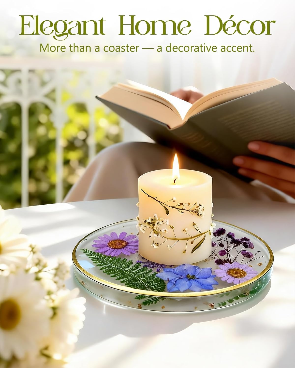 Oqplog Resin Drink Coaster for Desk Coffee Table-White Cute Dried Flowers Cup Coaster for Work Office Home Outdoor Decor Gifts for Girls Women,1 Pcs