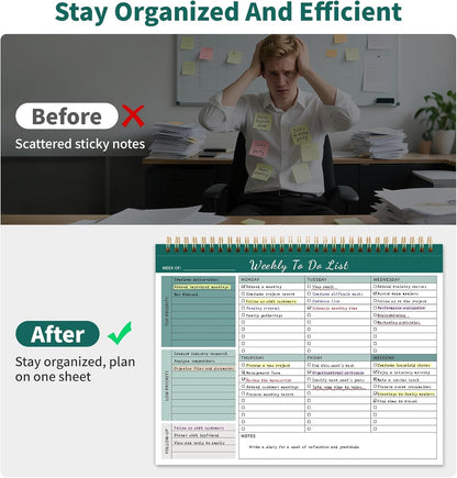 104 Pgs Weekly To Do List Notepad, 52 Duplex-Printed Undated Sheets 100 GSM（8.5"×11") Weekly Desk Planner For Work Home School Office Desk Accessories Supplies & Goal Setting Tasks - Green
