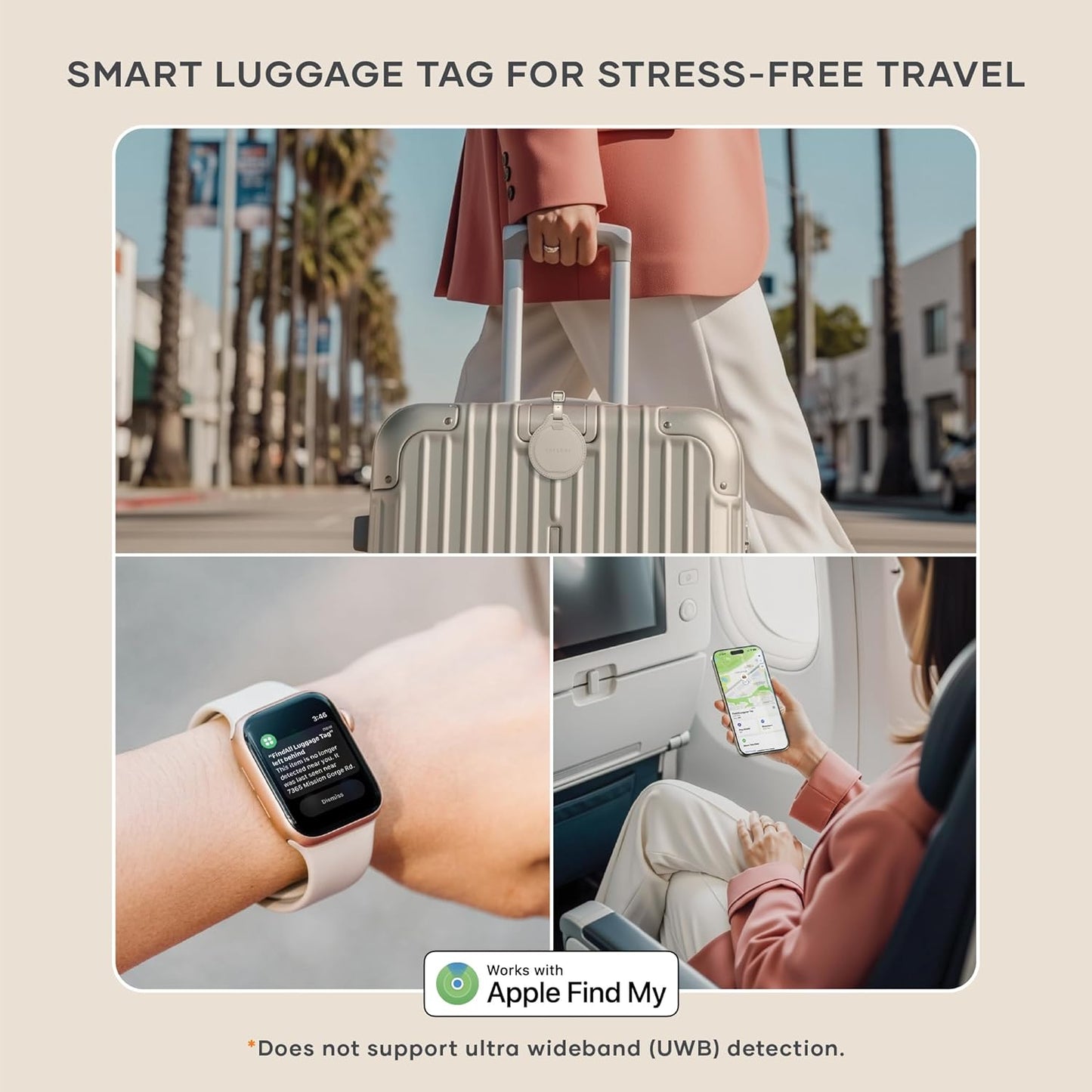 Satechi FindAll Smart Luggage Tag with Find My, TSA-Friendly, Airport Tracking, Left-Behind Alerts, Loud Audible Chime, Wireless Rechargeable, Works with iPhone, iPad, Mac – Desert Rose