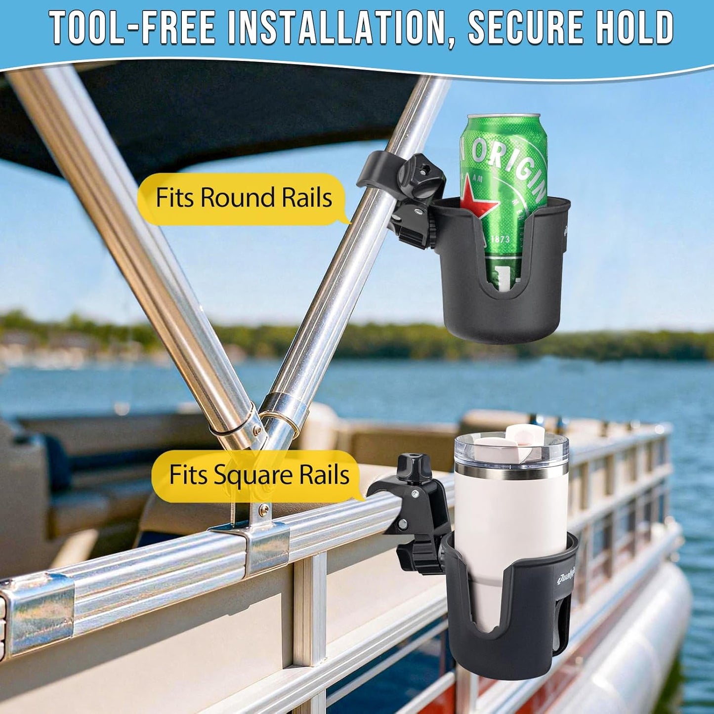 QualyQualy Boat Rail Cup Holder 2 Pack, No-Drill Clamp-On Marine Cup Holders 360° Adjustable for Pontoon Boat, Bimini Top, Grab Bar, PWC, Jet Ski, Fits Round & Square Rails 15-40mm, Boat Gifts for Men
