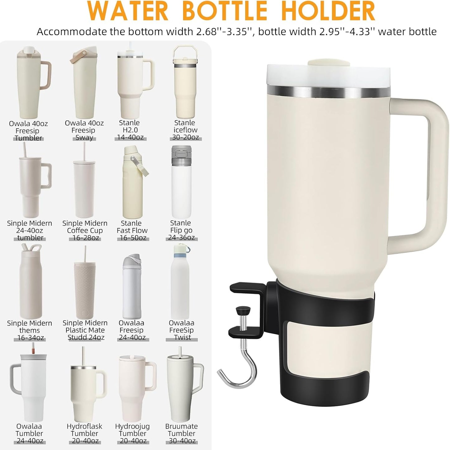 Desk Cup Holder, 2-in-1 Cup Holder for Desk Compatible with Stanley,Sinple Midern, Hydroflask, Owala, Adjustable Anti-Spill Tumbler Organizer with Hook for Home Office and School
