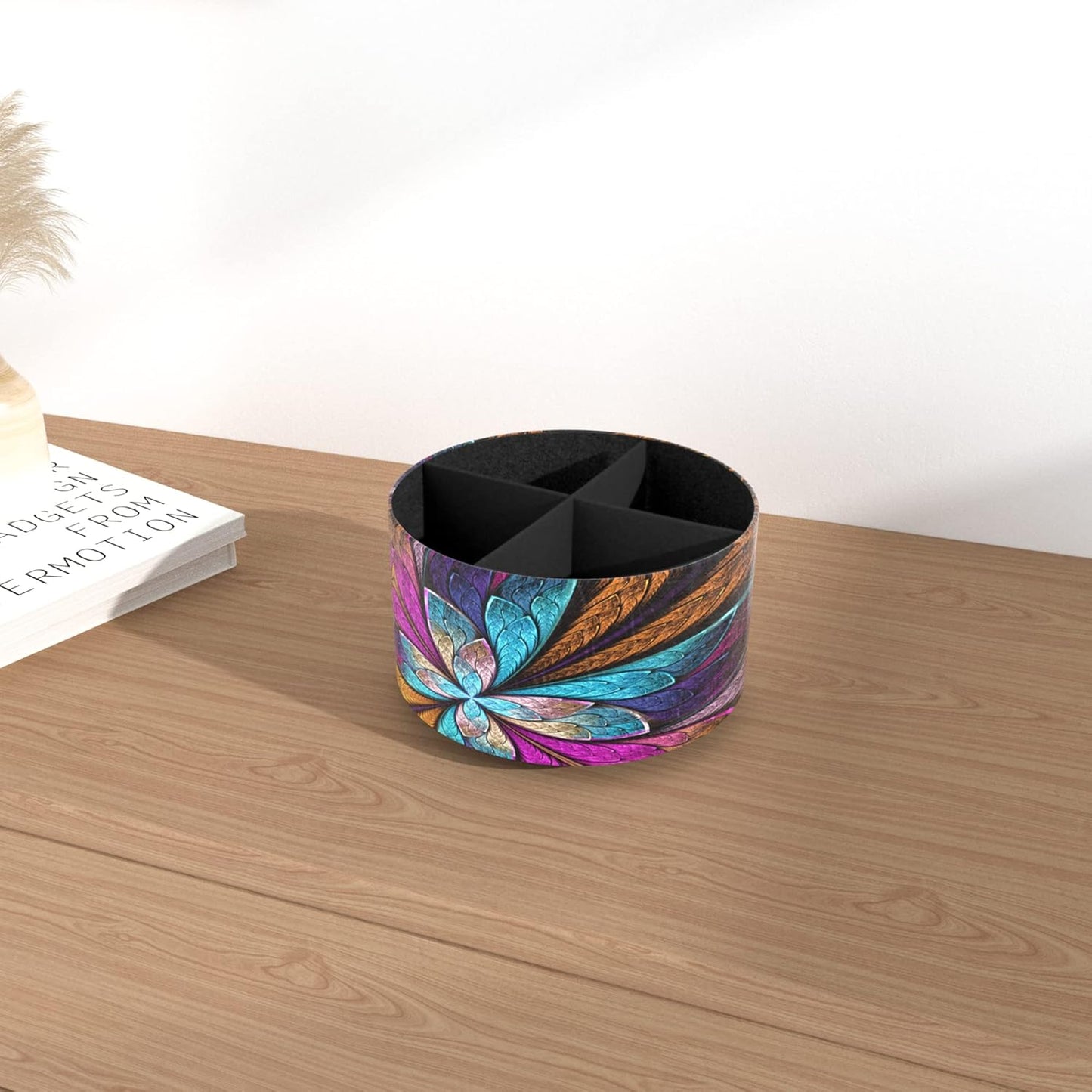 Round Leather Art Supply Organizer,Remote Control Holder,360 Degree Rotating,Multi-Functional Pencil Holder,4 Compartments Desktop Stationary Organizer(1-Fractal Flower) | Round - Colors C