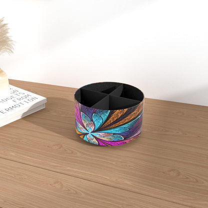 Round Leather Art Supply Organizer,Remote Control Holder,360 Degree Rotating,Multi-Functional Pencil Holder,4 Compartments Desktop Stationary Organizer(1-Fractal Flower) | Round - Colors C