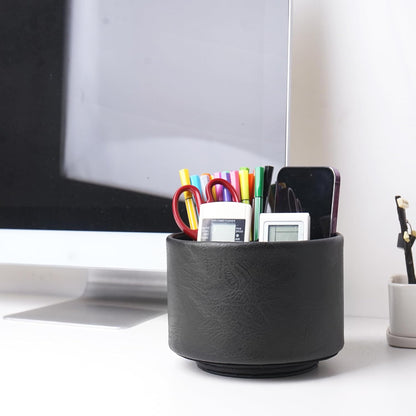 Round Leather Art Supply Organizer,Remote Control Holder,360 Degree Rotating,Multi-Functional Pencil Holder,4 Compartments Desktop Stationary Organizer(1-Fractal Flower) | Round - Colors B