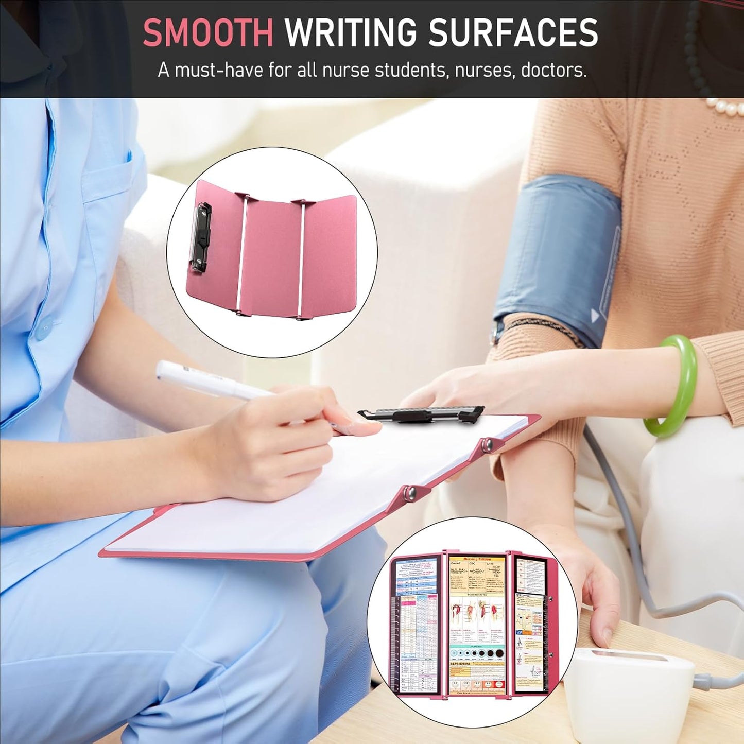 Nursing Clipboard Foldable, Foldable Clipboard w/Nursing Edition Cheat Charts,3 Layers Aluminum, Nurse Clip Board w/Low Profile Clip&Pen Clip Pocket for Nurses and Doctors,Light Blue