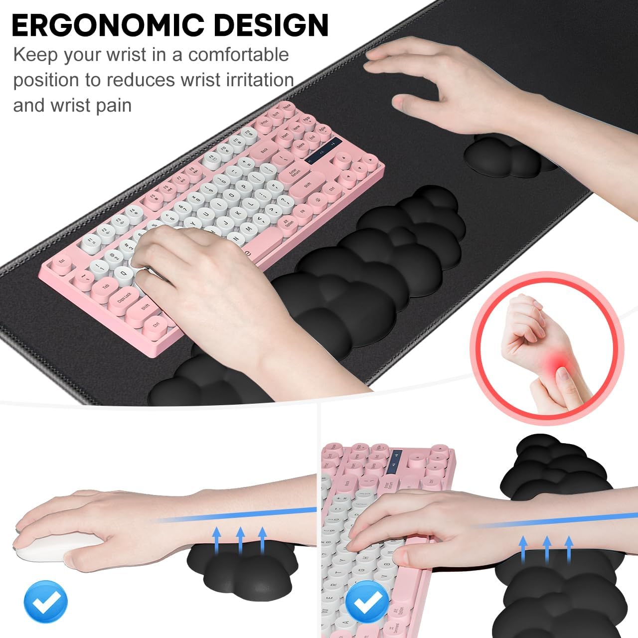 JIKIOU Angel Wing Wrist Rest Ergonomic Memory Foam Wrist Rest for Computer Keyboard Mouse Set, Cute Leather Keyboard & Mouse Support with PU Anti-Slip Base Waterproof White