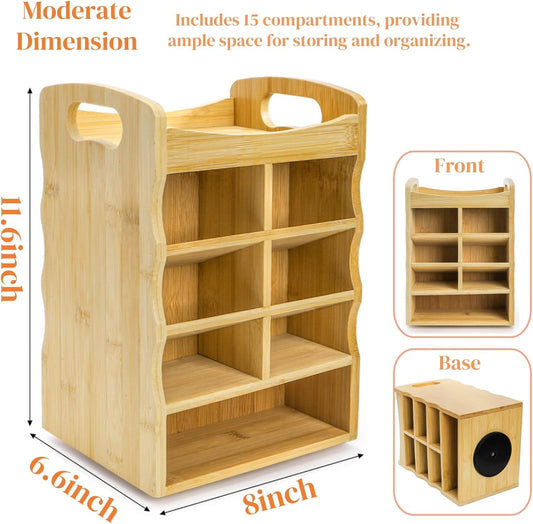 ZAVOOS Bamboo Art Supply Organizer, 360° Rotating Pen Holder with Handle, Holds 400+ Pencils, 15 Compartments Desktop Storage Stationary Caddy for Colored Pencil, Pens, Art Brushes, Crayon