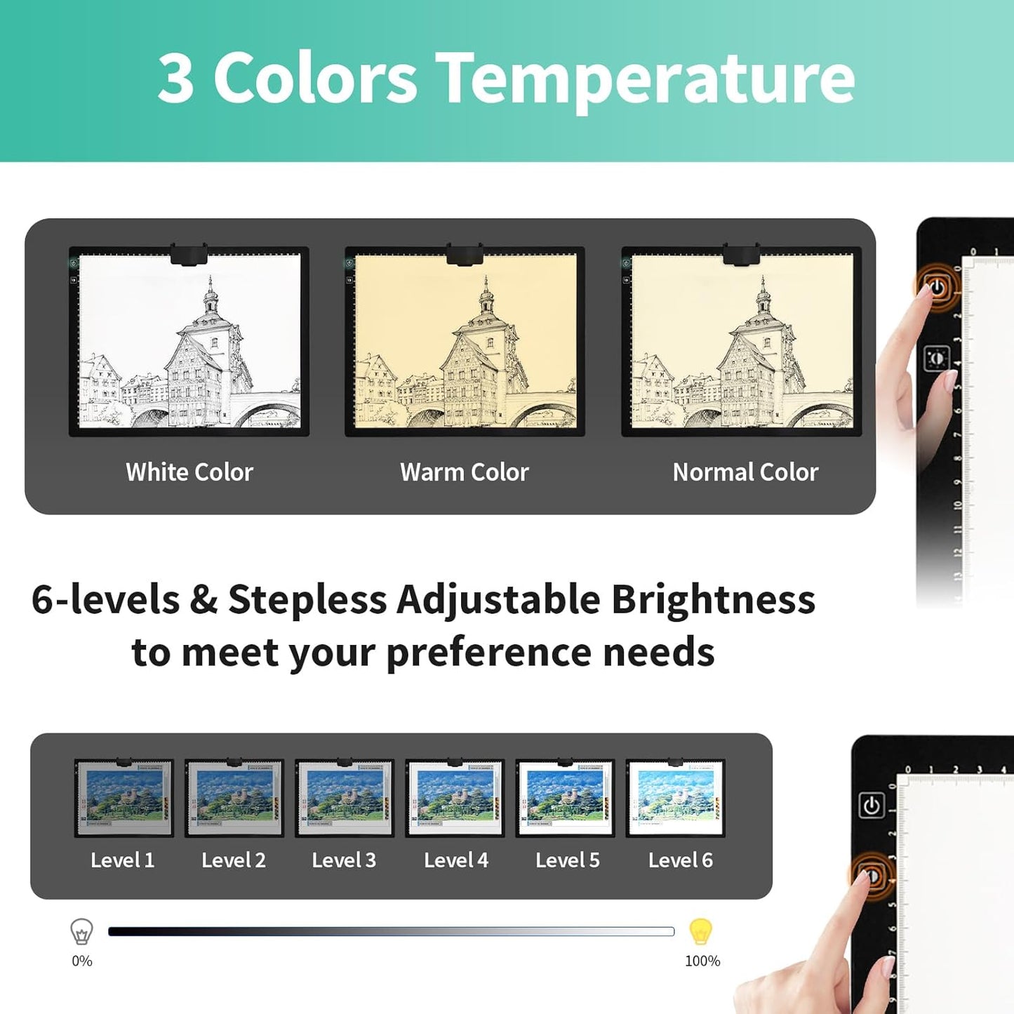 Rechargeable A4 Light Pad - Stepless Dimmable 6 Levels Brightness Tracing Light Box, Diamond Painting Light Board with Top Clip, Battery Powered Portable Light Pad for Weeding Vinyl Tracing
