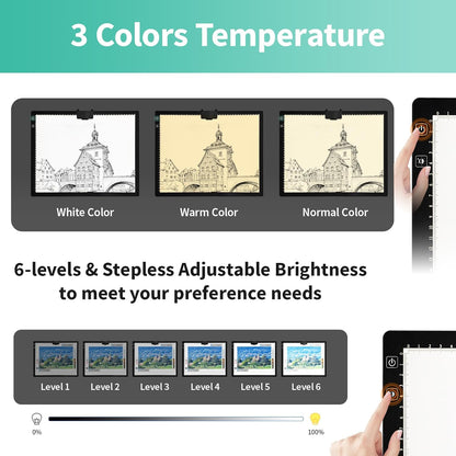 Rechargeable A4 Light Pad - Stepless Dimmable 6 Levels Brightness Tracing Light Box, Diamond Painting Light Board with Top Clip, Battery Powered Portable Light Pad for Weeding Vinyl Tracing