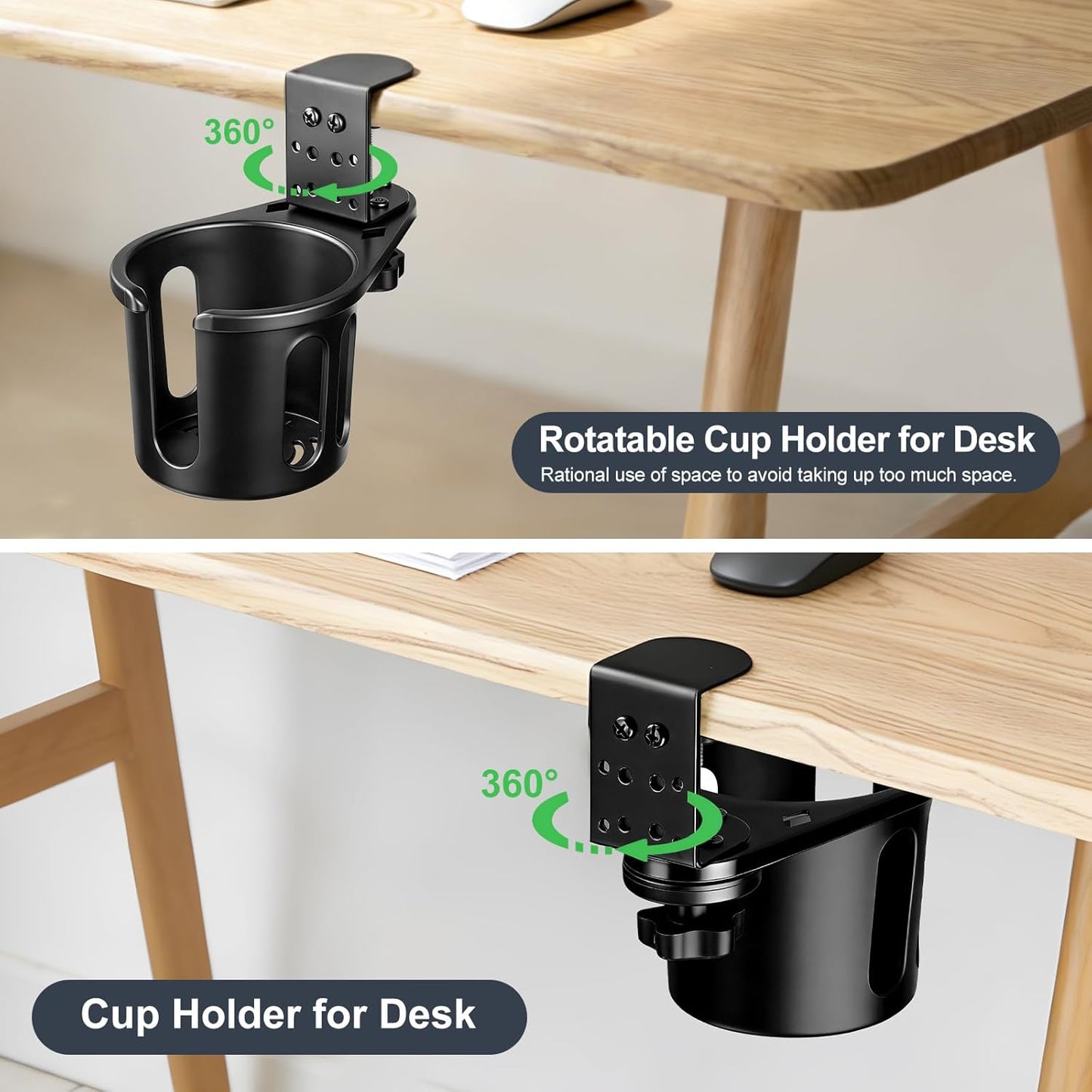 MYITYARD Desk Cup Holder Clamp, Anti-Spill Clip On Table Cup Holder, Rotatable Water Bottle Stand Drink Coffee Mug Storage, Office Accessories for Home and School (Black)