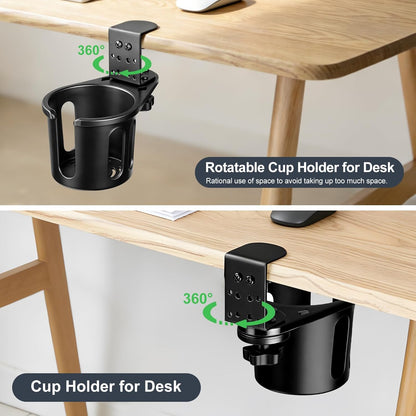 MYITYARD Desk Cup Holder Clamp, Anti-Spill Clip On Table Cup Holder, Rotatable Water Bottle Stand Drink Coffee Mug Storage, Office Accessories for Home and School (Black)