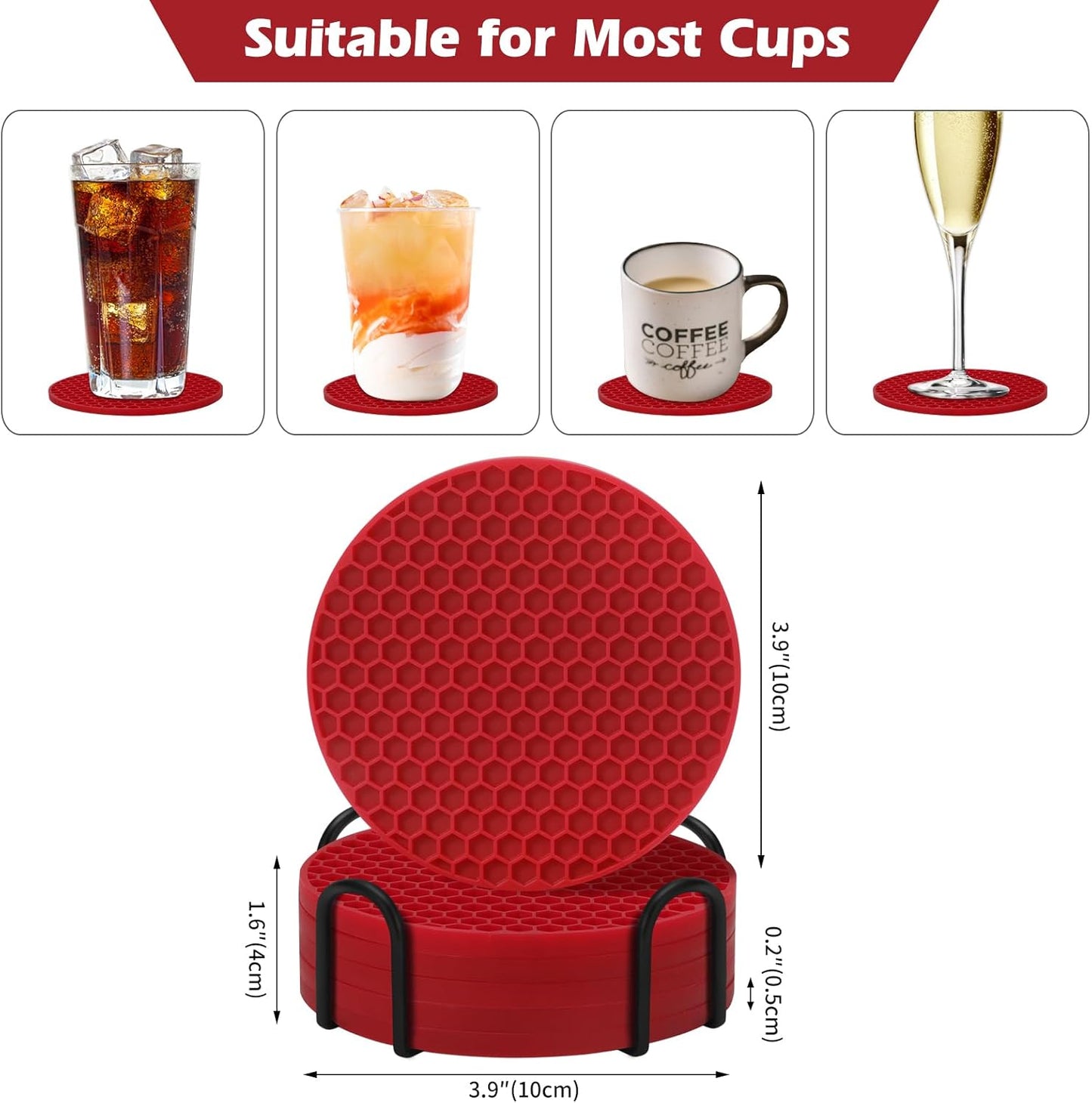 TWTLi Silicone Coasters Set of 8 with Holder,Coasters for Drinks,Beer,Coffee Coasters,Suitable for Kinds Cups,Hot or Cold,Anti-SLI,Non-Stick,Anti-Overflow Tabletop Protection and Decor (8 Pcs, Black)