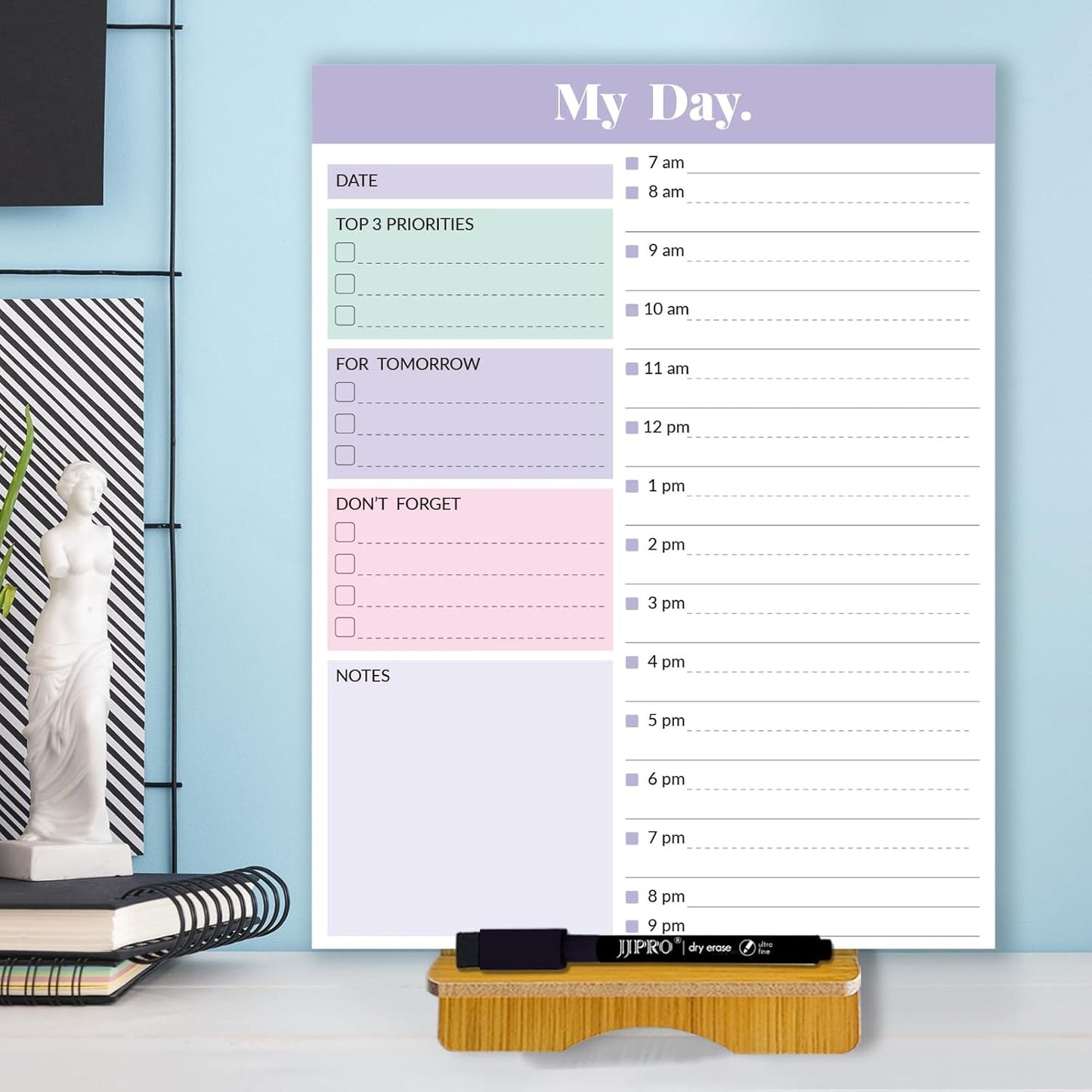 JJPRO Reusable Desktop Daily Planner with Stand,Reusable Time Schedule Board,11"x8.5" Hourly Schedule Dry Erase Board with Time Slots,Desk Hourly Dry Erase Board w/Engineered Wood Stand-Sage Green