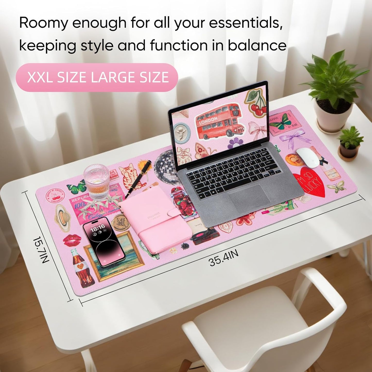 Pink Desk Mat, Leather Desk Pad Blotter Protector, XXL Large Mouse Pad,Computer Laptop Mouse Pads for Desktop,Waterproof Writing Anti-Slip Mousepad for Office and Home I Colorful Stickers