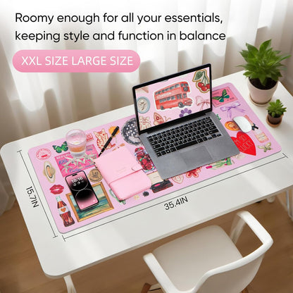 Pink Desk Mat, Leather Desk Pad Blotter Protector, XXL Large Mouse Pad,Computer Laptop Mouse Pads for Desktop,Waterproof Writing Anti-Slip Mousepad for Office and Home I Colorful Stickers