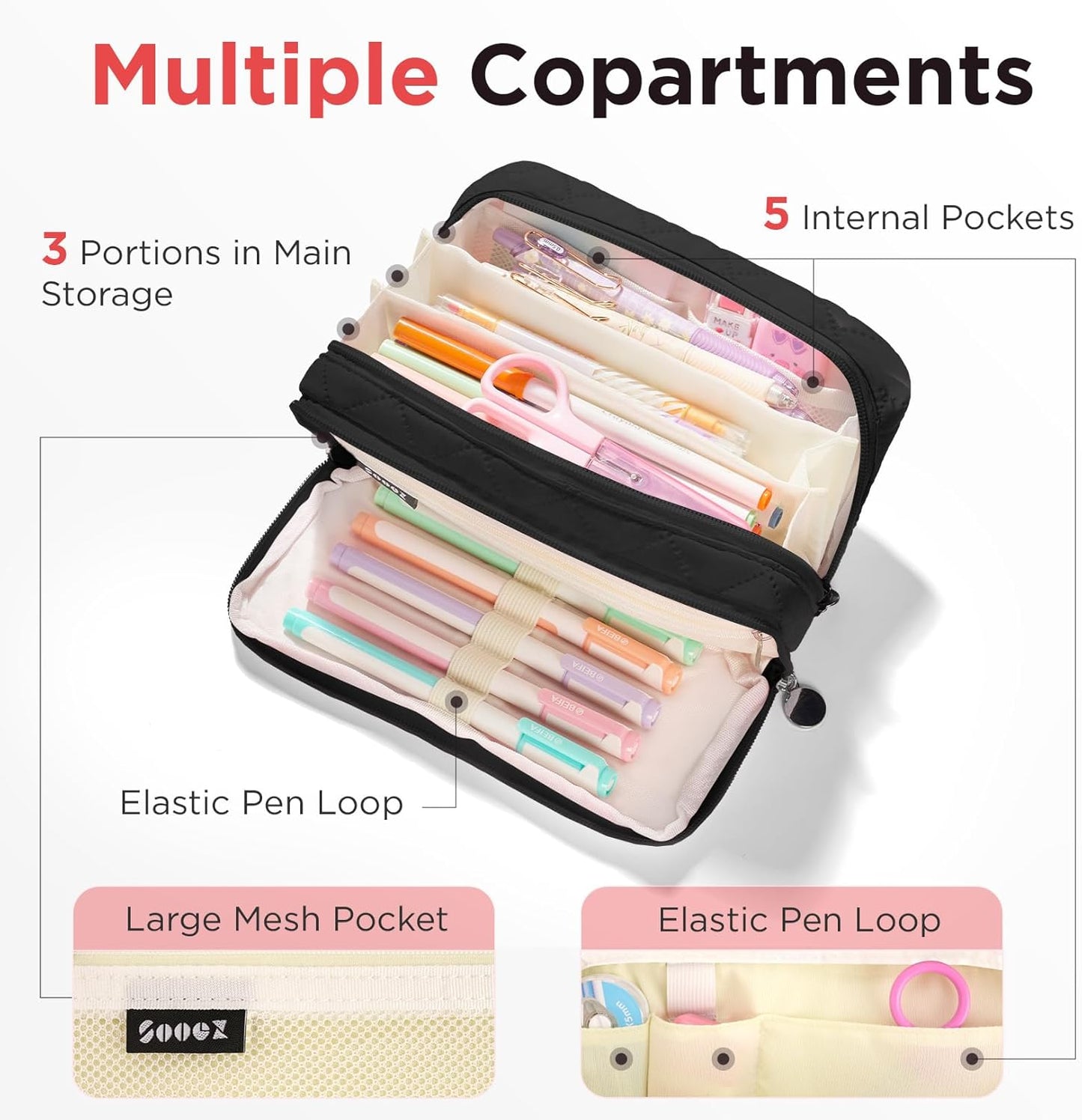 Sooez Large Pencil Case Pouch, Extra Big Pencil Bag with 8 Compartments, Pen Bag Wide Opening, Soft Quilted Pencil Pouch Organizer with Zipper, Portable Pencil Case for Teen Girls, Pink