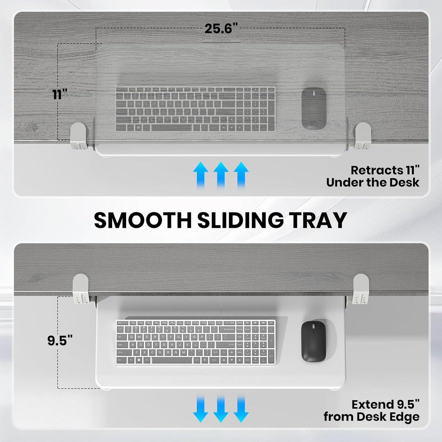Keyboard Tray Under Desk, Pull Out Keyboard & Mouse Tray with Adjustable C-clamp, 25.6(31.5 Including Clamps) x 11.8 Inch Slide Out Computer Keyboard Drawer Mouse Tray for Typing,White
