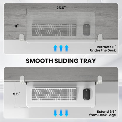Keyboard Tray Under Desk, Pull Out Keyboard & Mouse Tray with Adjustable C-clamp, 25.6(31.5 Including Clamps) x 11.8 Inch Slide Out Computer Keyboard Drawer Mouse Tray for Typing,White