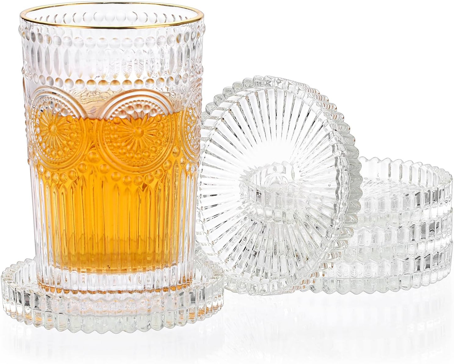 Modern Clear Coasters Set of 5- Glass Cute Coasters for Drinks Crystal Coaster Round Chic Cup Mat Cute Coffee Table Coaster for Kitchen, Bar, Dining Room, Living Room, Patio(Amber)