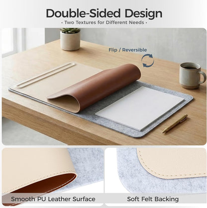 Desk Mat – Double-Sided Vegan Leather & Felt | Built-In Magnetic Cable Organizer & File Storage | Premium Workspace Pad for Office, Gaming & Creative Professionals-（Brown）