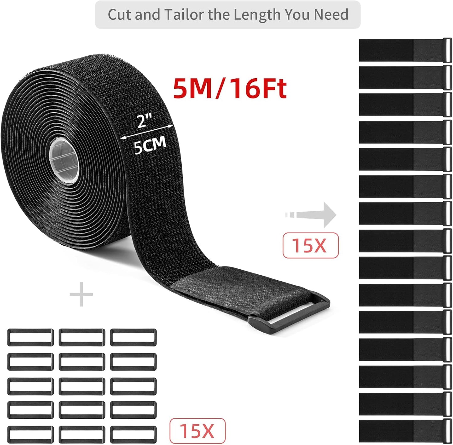 Trilancer 0.8''x 32Ft Reusable Cable Ties, Adjustable Hook and Loop Straps with 50 Buckles, Cut to Length, Ideal for Wire Management, Cord Organizer, and Cable Straps, Black