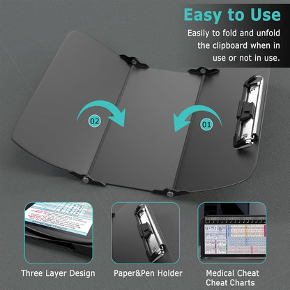 Nursing Clipboard Foldable, Foldable Clipboard w/Nursing Edition Cheat Charts,3 Layers Aluminum, Nurse Clip Board w/Low Profile Clip&Pen Clip Pocket for Nurses and Doctors,Light Blue