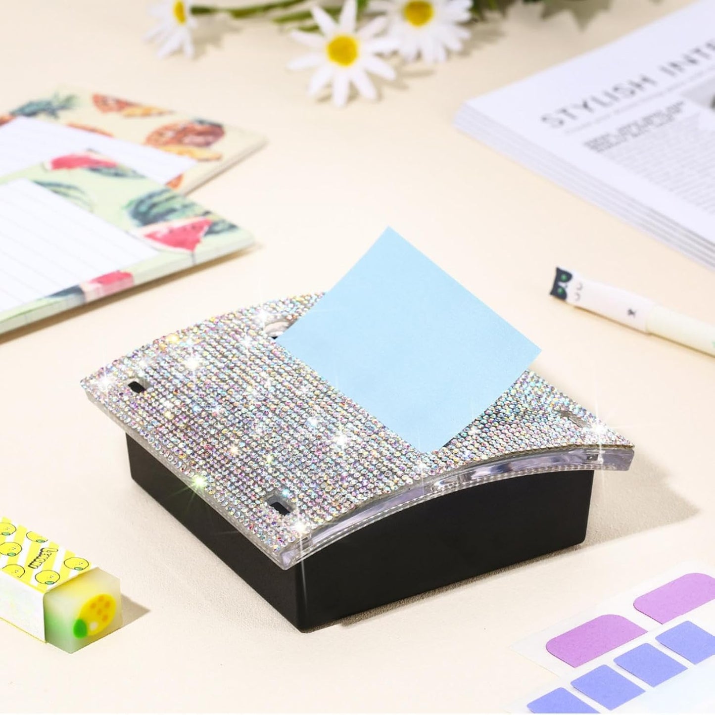 Eersida Rhinestone Self Stick Note Pad Holders 4 x 4 Inches Pink Cute Note Holder Sticky Dispenser Bling Memo Stick Dispenser for Office Employee Coworkers Gifts Home Desk Supplies