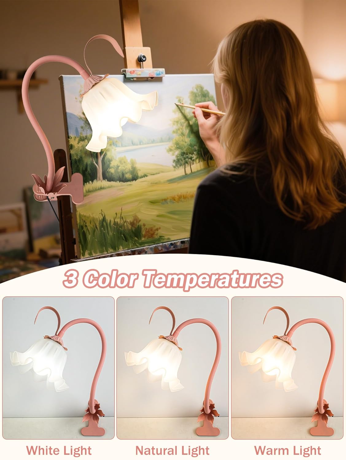 Clip on Light Flower Desk Lamp, LED Reading Light 3 Color Modes Eye-Caring Book Light Flexible Gooseneck Bedside Clip on Lamp for Desk Piano Office Bed Headboard Dorm (Green Lamp)