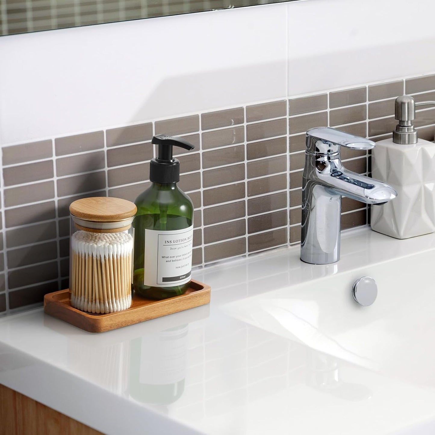 ALELION 8" Acacia Wood Bathroom Vanity Tray for Counter - Dresser Top Tray for Perfume Jewelry Candle Key Catchall - Small Kitchen Countertop Organizer for Soap Dispenser and Sponge Holder