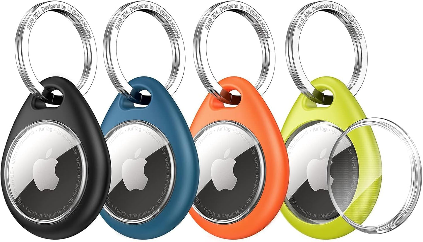 UNBREAKcable AirTag Holder for Apple - 4 Pack Air Tag Case [Fit Tightly Design] [Easy to Install] [Hold Securely] Waterproof TPU Protective Cover with Metal Keychain for Kids,Pet,Luggage,Backpack,Keys