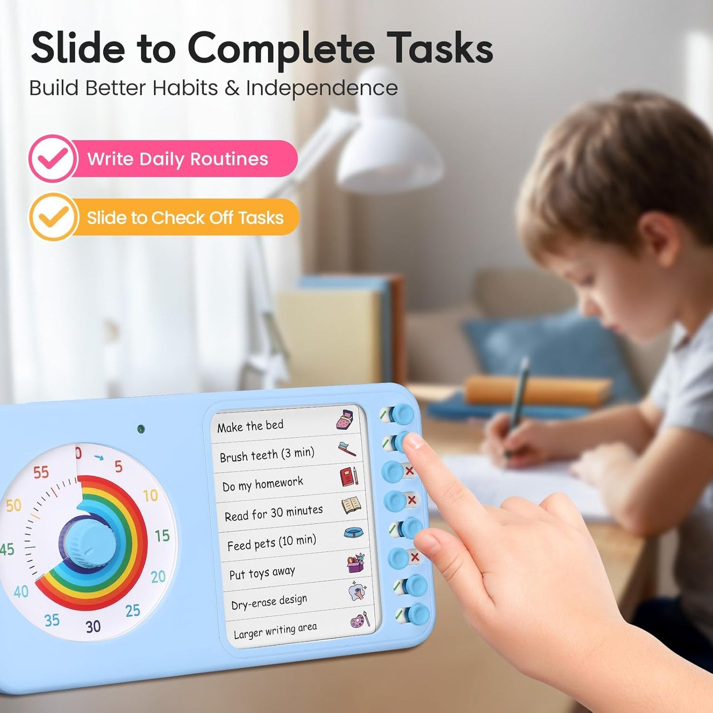 2-in-1 Visual Timer with Task Board for ADHD & Autism, Dry Erase Chore Chart and Visual Schedule for Kids & Adults, Rainbow Countdown Timer for Classroom, Home, Homeschool (White)