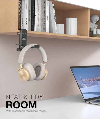 Foldable Headphone Stand and Hook – Aluminum Headset Holder Clamp Mount Under Desk, Universal Fit for Gaming Headphones, Space-Saving Hanger Organizer