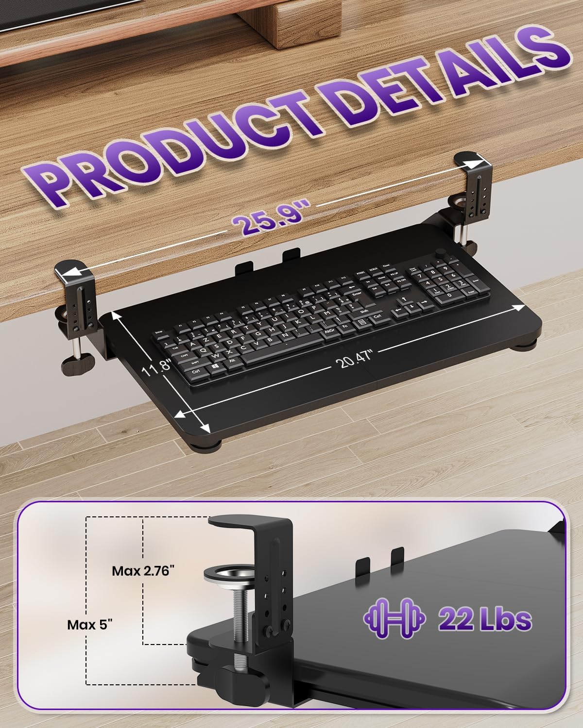 Ergonomic Mouse & Keyboard Tray Under Desk, Pull Out with Adjustable C-clamp, 20 (25.9 Including Clamps) x 11.8 Inch Slide Out Computer Keyboard Drawer Mouse Tray for Typing, Rustic Brown
